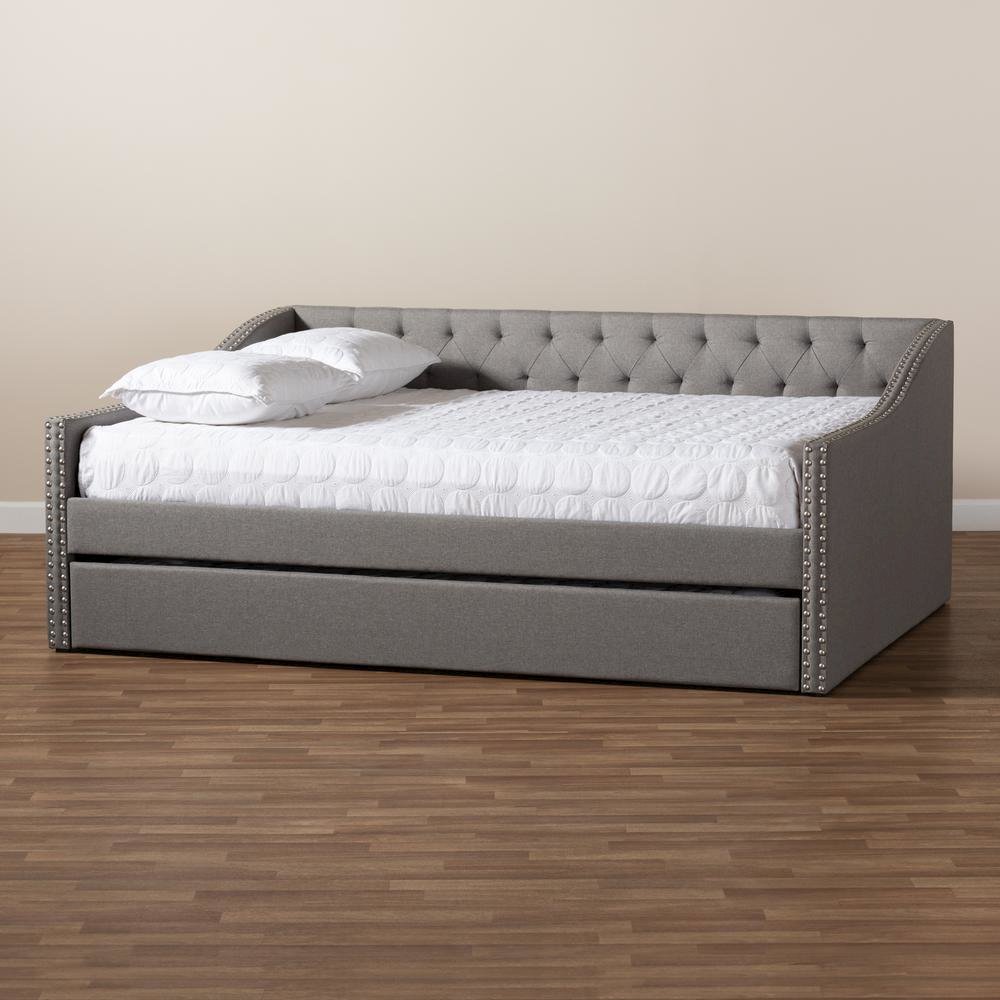 Light Grey Fabric Upholstered Queen Size Daybed with Roll-Out Trundle Bed