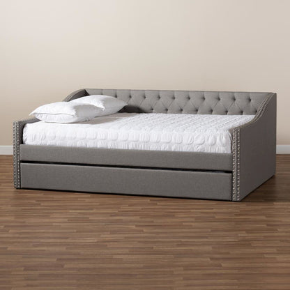 Light Grey Fabric Upholstered Queen Size Daybed with Roll-Out Trundle Bed