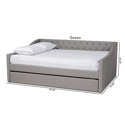 Light Grey Fabric Upholstered Queen Size Daybed with Roll-Out Trundle Bed