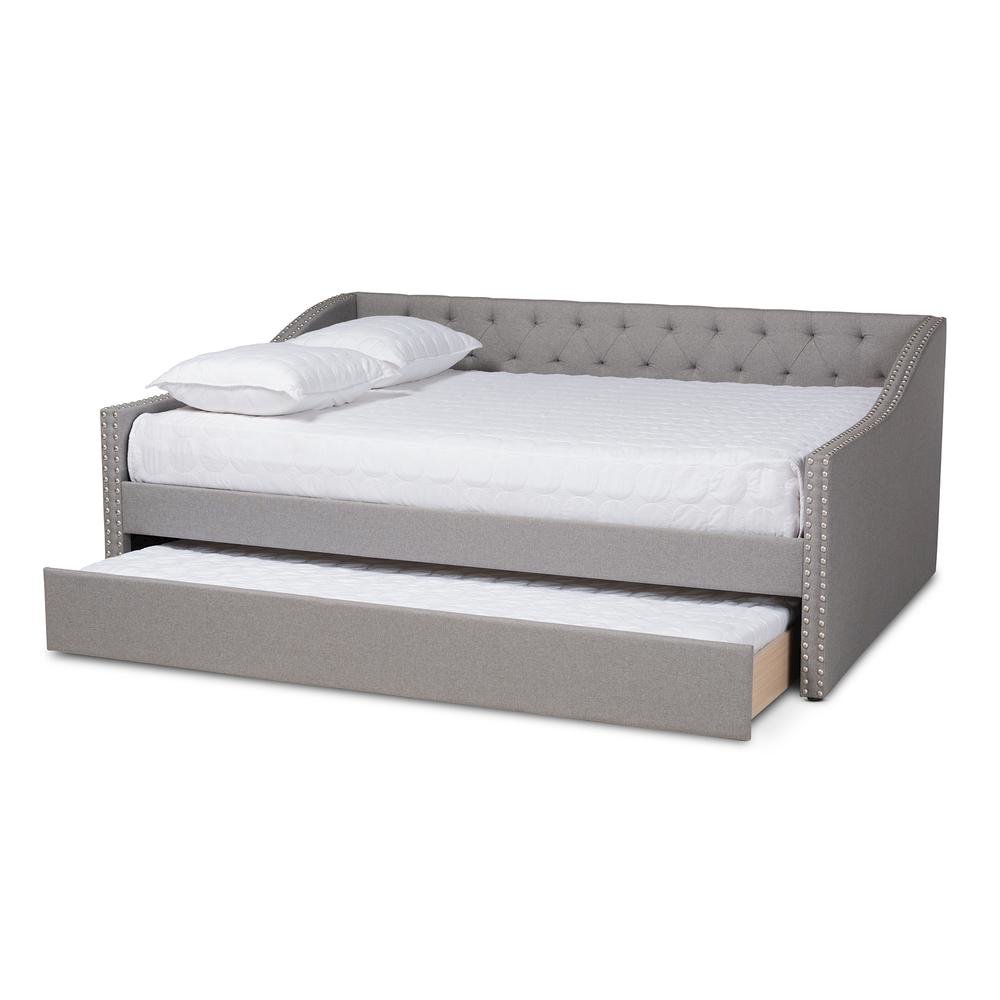 Light Grey Fabric Upholstered Queen Size Daybed with Roll-Out Trundle Bed