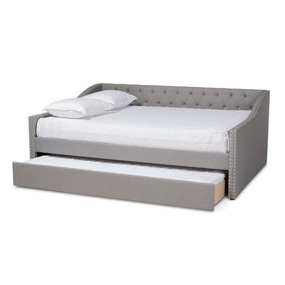 Light Grey Fabric Upholstered Queen Size Daybed with Roll-Out Trundle Bed