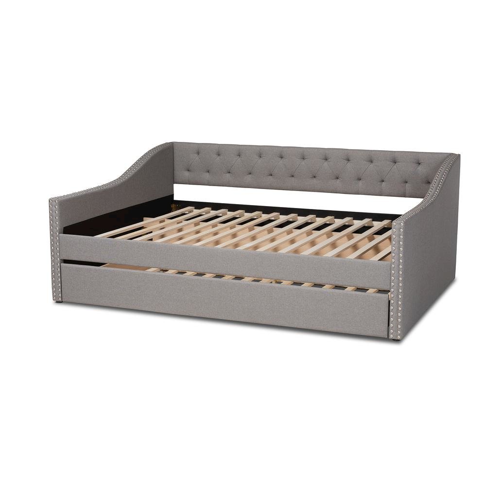 Light Grey Fabric Upholstered Queen Size Daybed with Roll-Out Trundle Bed