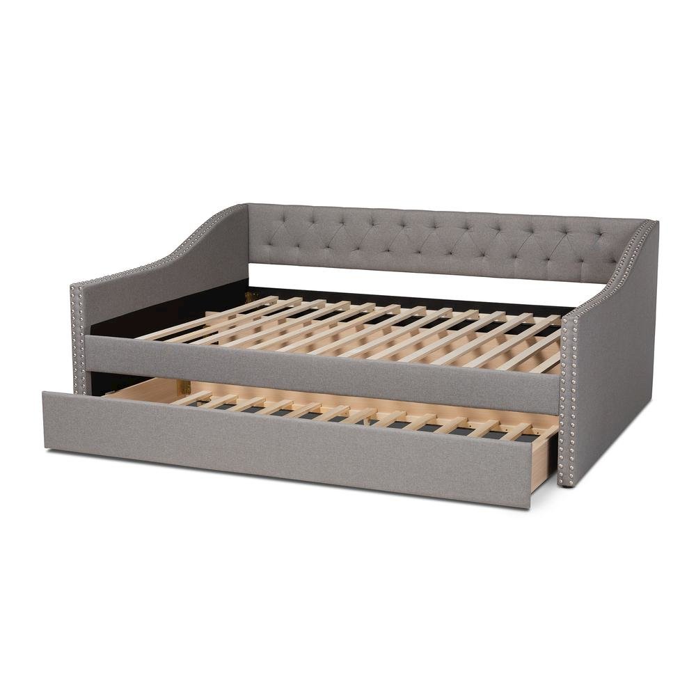 Light Grey Fabric Upholstered Queen Size Daybed with Roll-Out Trundle Bed