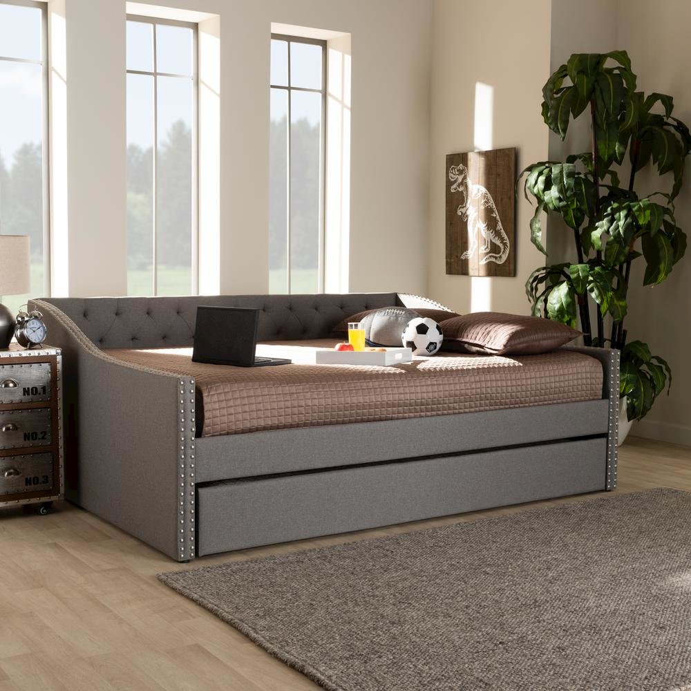 Light Grey Fabric Upholstered Queen Size Daybed with Roll-Out Trundle Bed
