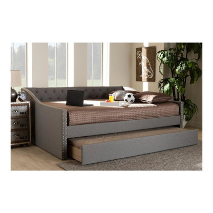 Light Grey Fabric Upholstered Queen Size Daybed with Roll-Out Trundle Bed
