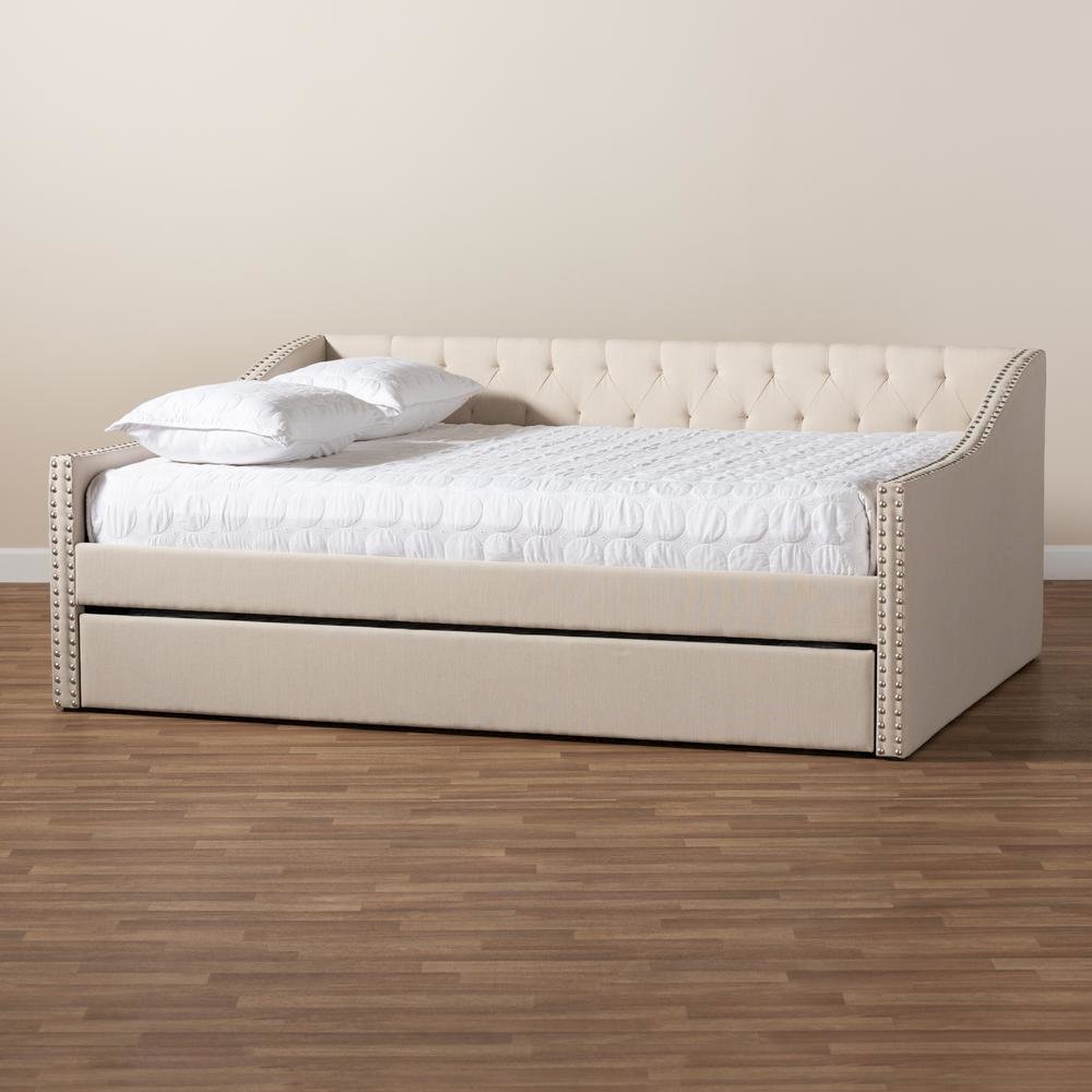 Beige Fabric Upholstered Queen Size Daybed with Roll-Out Trundle Bed