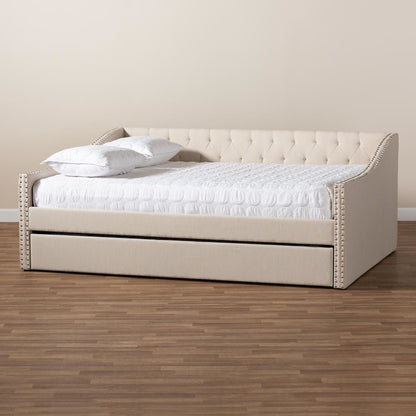 Beige Fabric Upholstered Queen Size Daybed with Roll-Out Trundle Bed