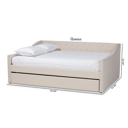 Beige Fabric Upholstered Queen Size Daybed with Roll-Out Trundle Bed