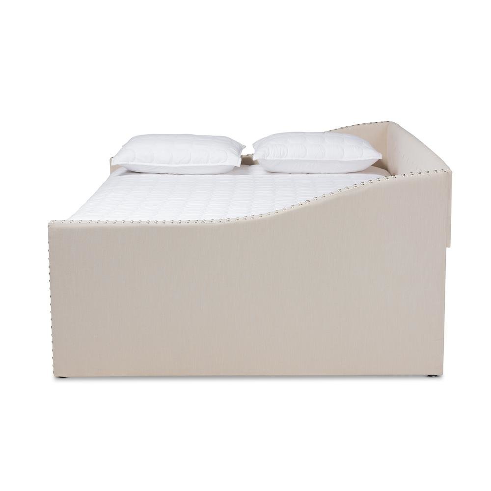 Beige Fabric Upholstered Queen Size Daybed with Roll-Out Trundle Bed