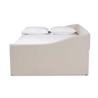 Beige Fabric Upholstered Queen Size Daybed with Roll-Out Trundle Bed