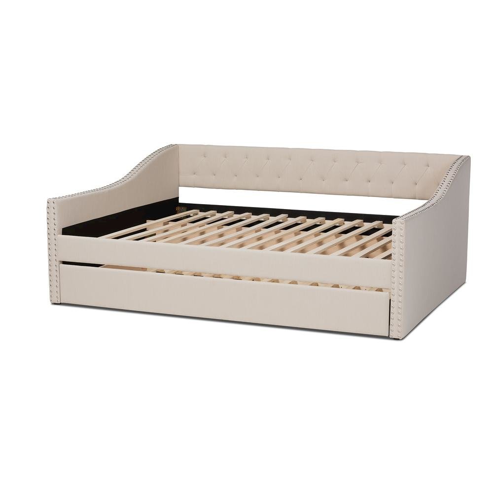 Beige Fabric Upholstered Queen Size Daybed with Roll-Out Trundle Bed