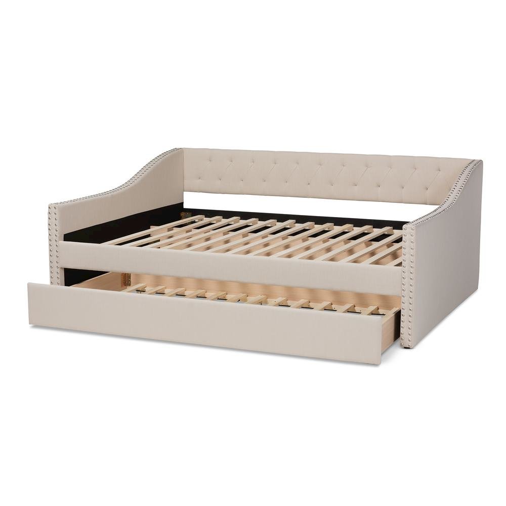 Beige Fabric Upholstered Queen Size Daybed with Roll-Out Trundle Bed