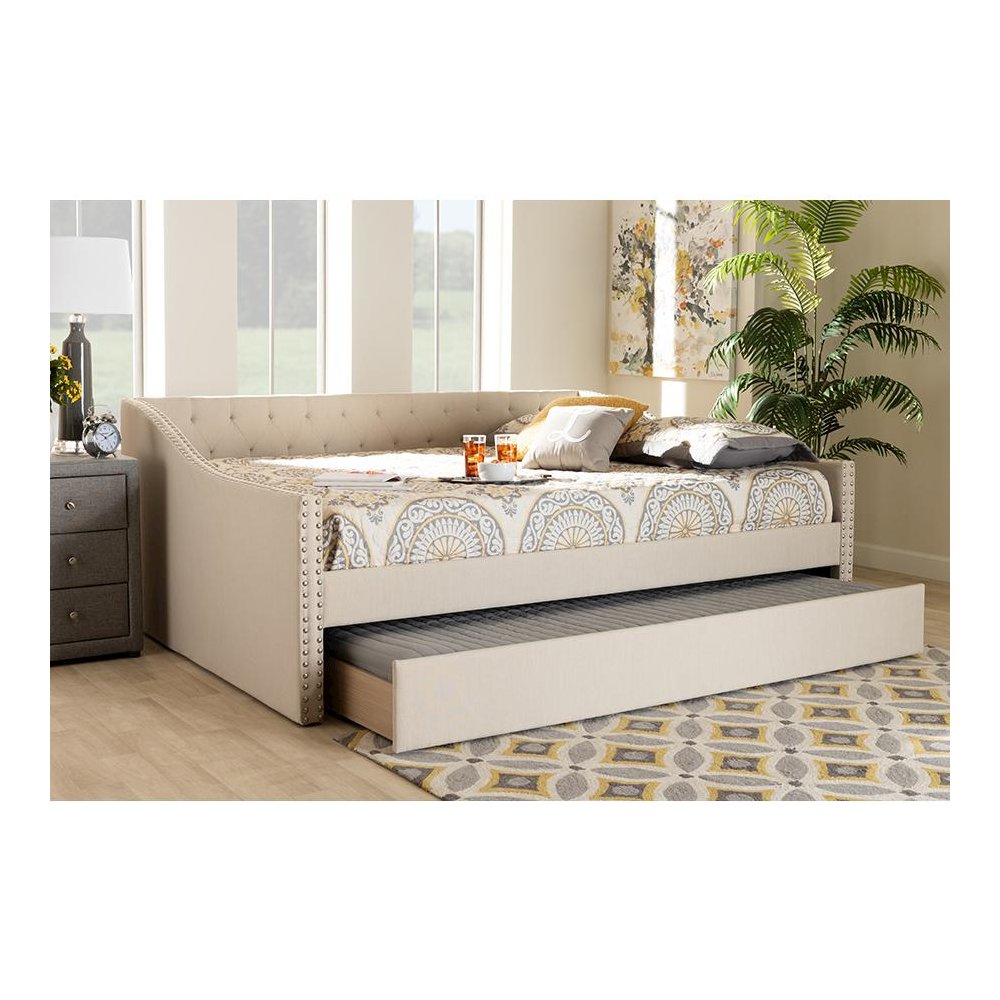 Beige Fabric Upholstered Queen Size Daybed with Roll-Out Trundle Bed
