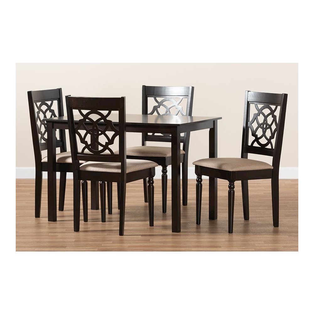 Sand Fabric Upholstered Espresso Brown Finished 5-Piece Wood Dining Set