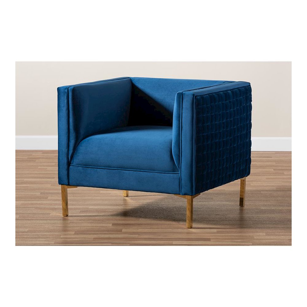 Luxe Navy Blue Velvet Fabric Upholstered Gold Finished Armchair