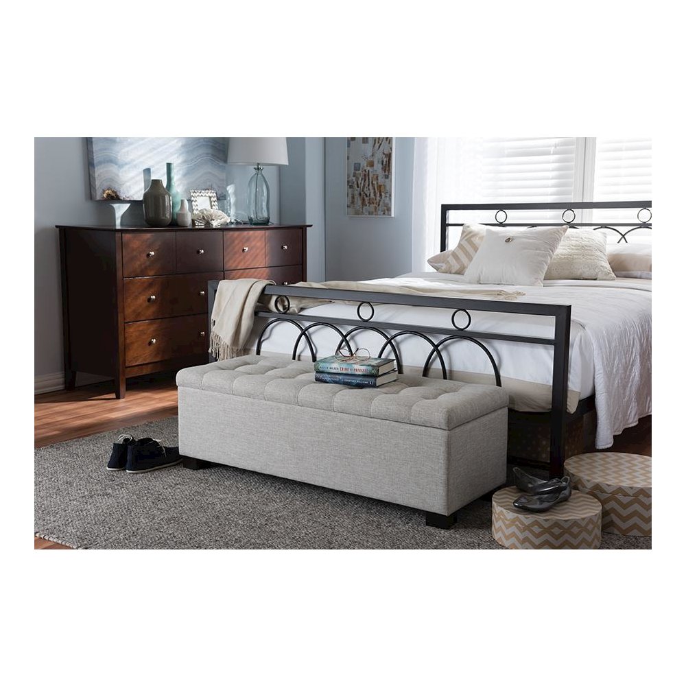 Beige Fabric Upholstered Grid-Tufting Storage Ottoman Bench