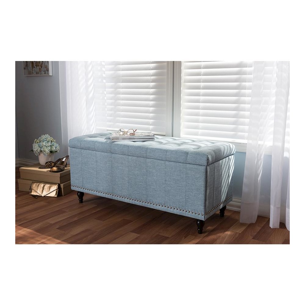 Classic Light Blue Fabric Upholstered Button-Tufting Storage Ottoman Bench