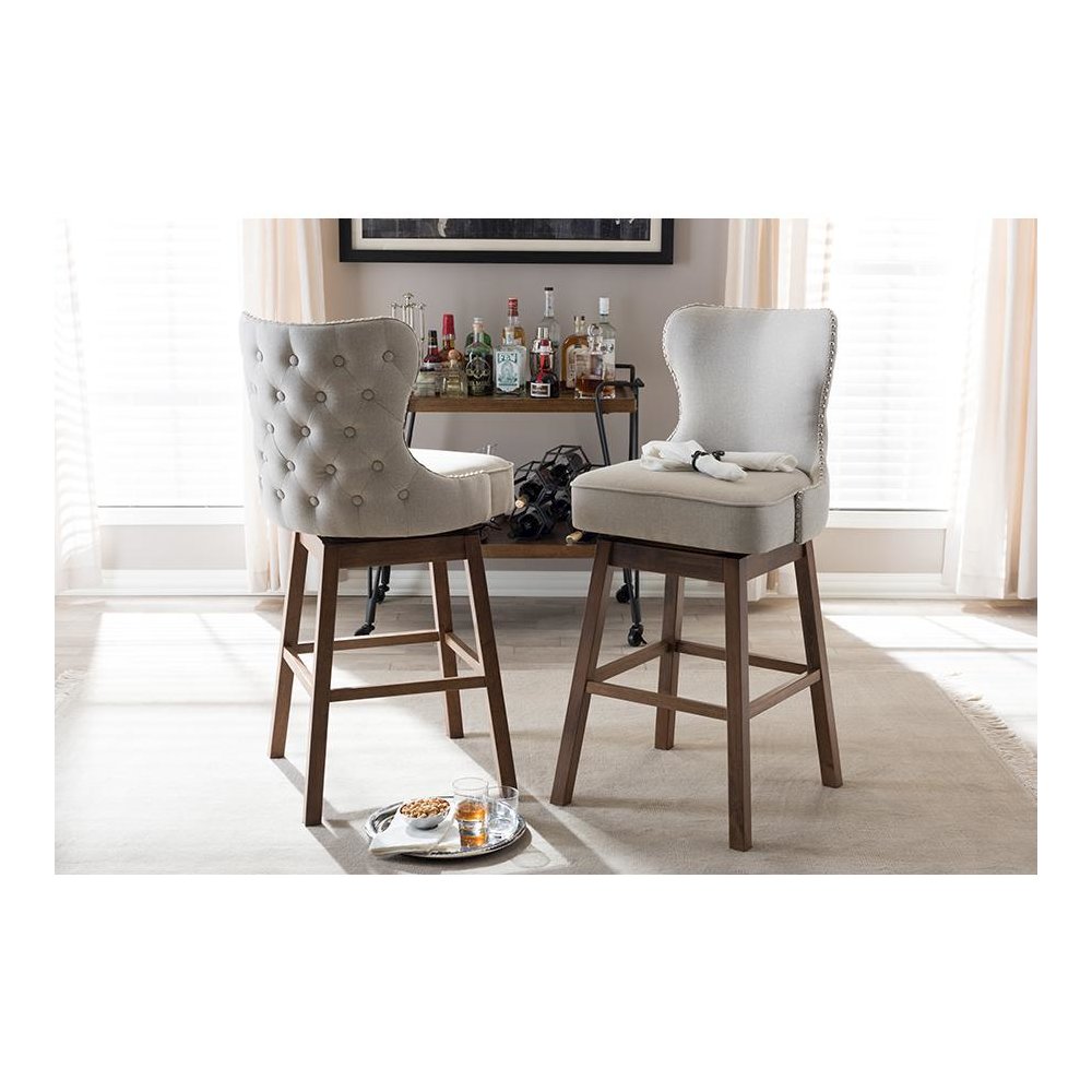 Light Beige Fabric Button-Tufted Upholstered 2-Piece Swivel Barstool Set