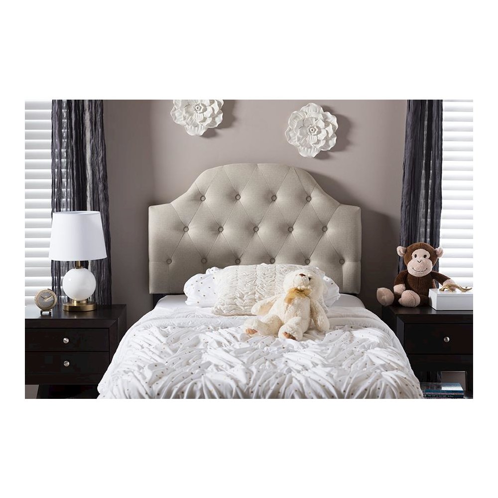 Light Beige Fabric Upholstered Button-Tufted Scalloped Twin Size Headboard