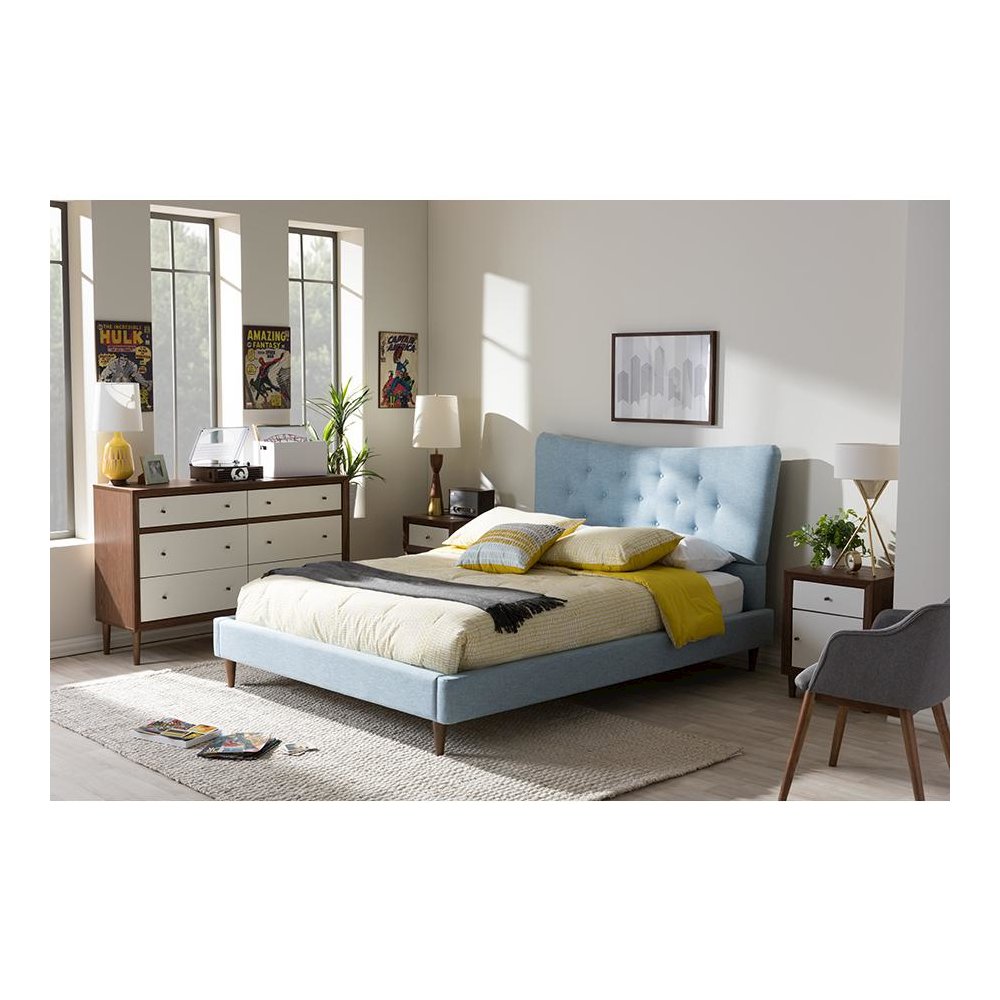 Baxton Studio Hannah Mid-Century Modern Sky Blue Fabric Queen Size Platform Bed