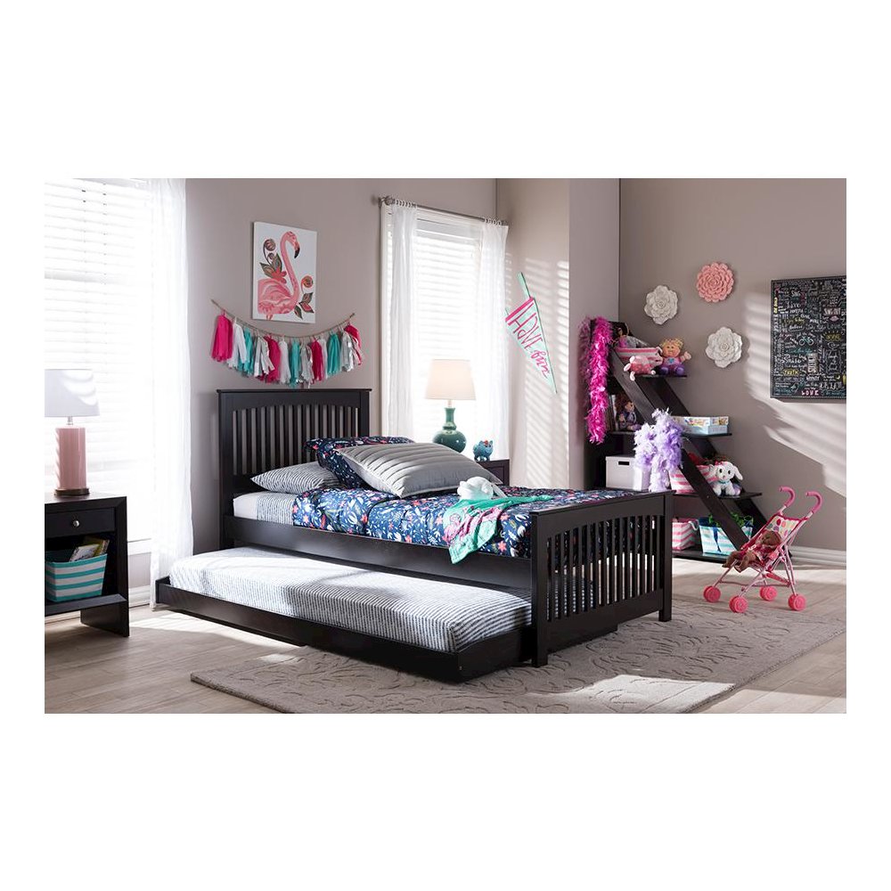 Hevea Twin Size Dark Brown Solid Wood Platform Bed with Guest Trundle Bed