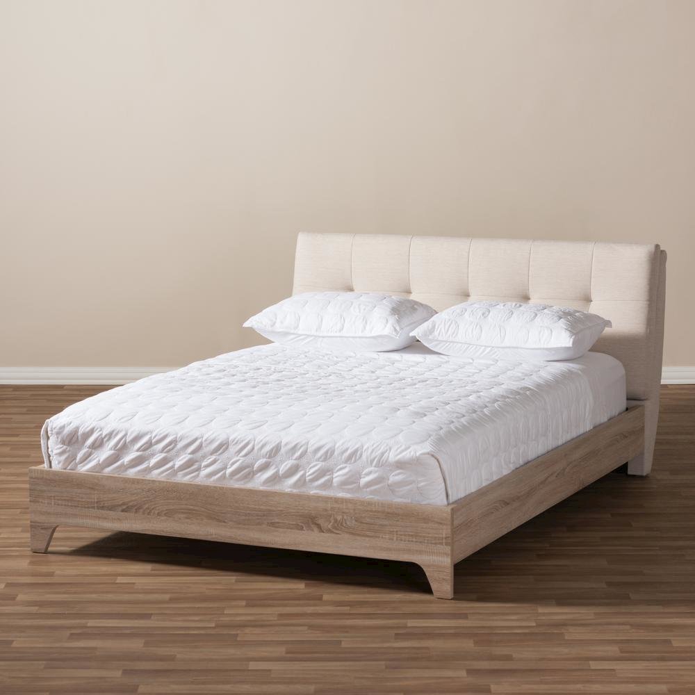 Mia Mid-Century Light Beige Fabric Upholstered Queen Size Platform Bed