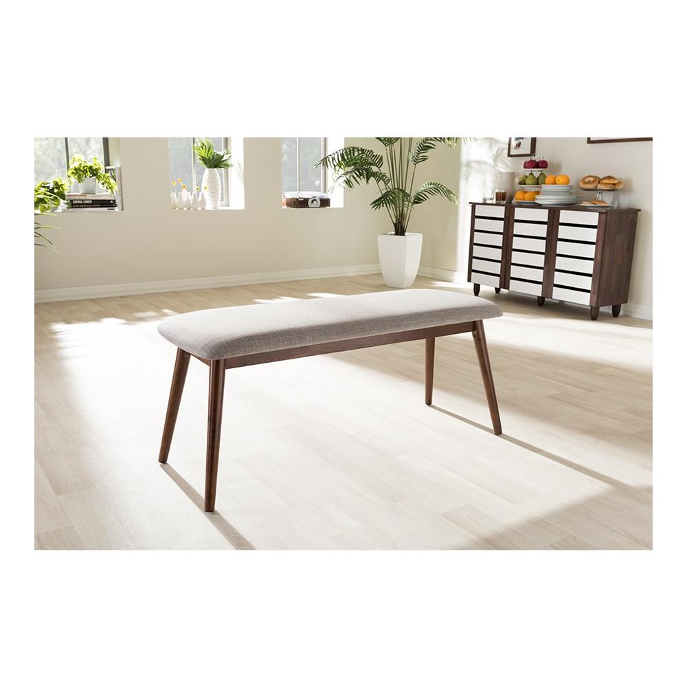Modern Light Grey Fabric and "Oak" Medium Brown Finishing Wood Dining Bench