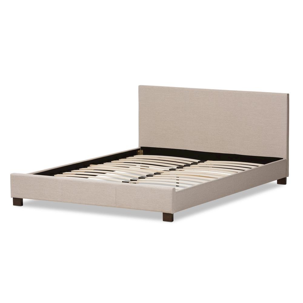 Beige Fabric Upholstered Panel-Stitched Queen Size Platform Bed