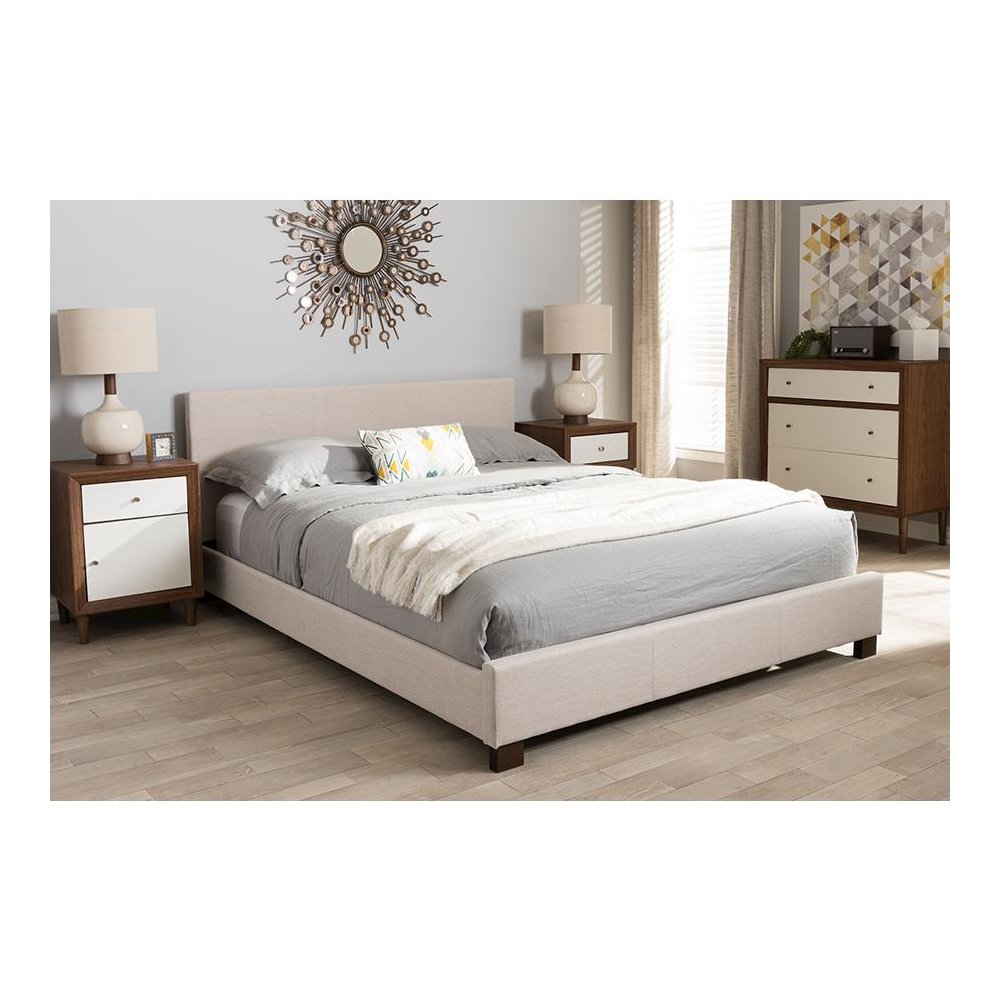 Beige Fabric Upholstered Panel-Stitched Queen Size Platform Bed