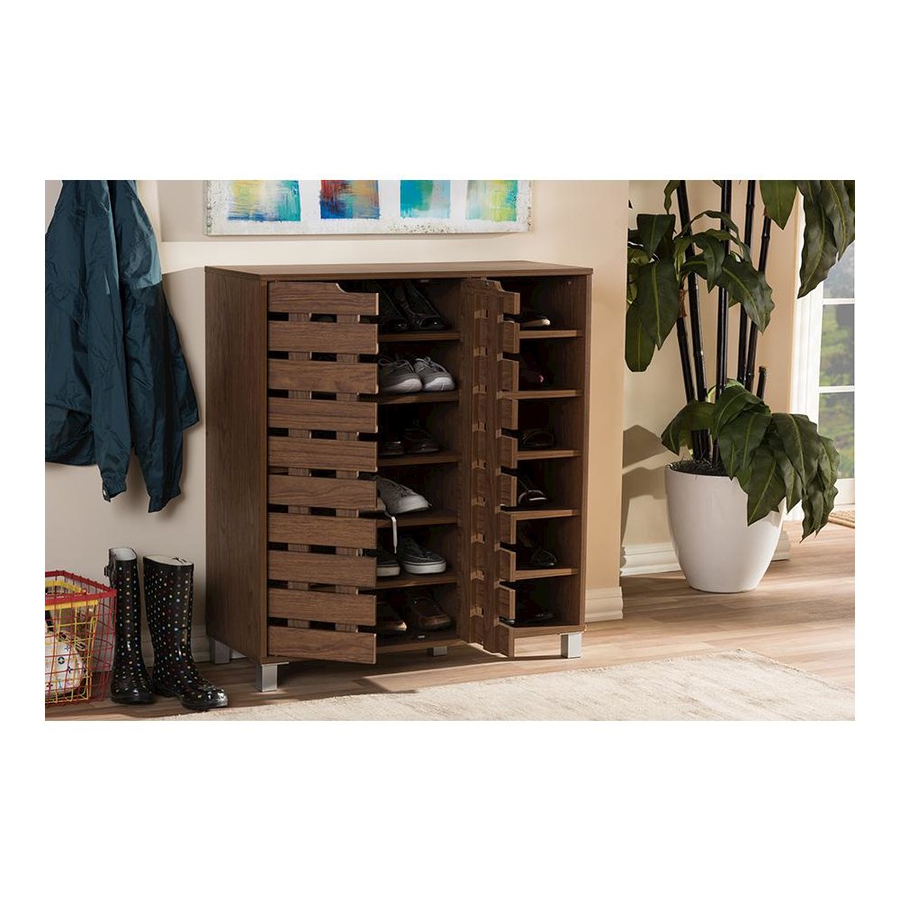 "Walnut" Medium Brown Wood 2-Door Shoe Cabinet with Open Shelves