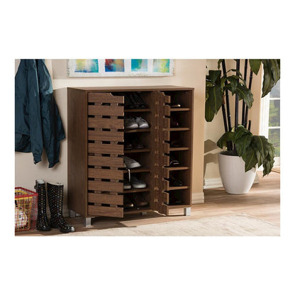 "Walnut" Medium Brown Wood 2-Door Shoe Cabinet with Open Shelves
