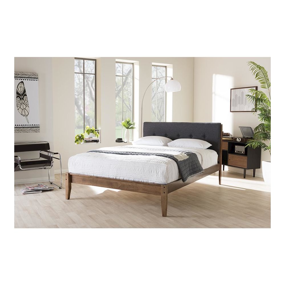 Leyton Mid-Century Modern Grey Fabric Upholstered King Size Platform Bed