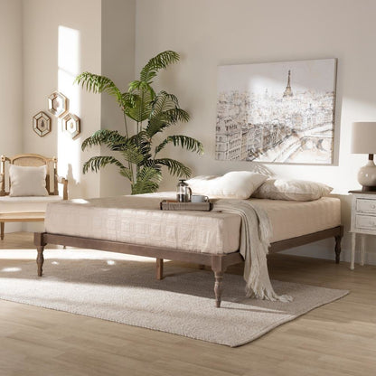 Antique Oak Finished Wood Queen Size Platform Bed Frame