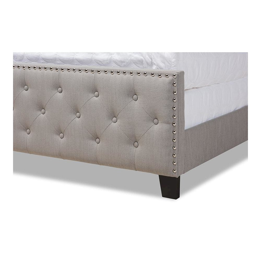 Transitional Grey Fabric Upholstered Button Tufted King Size Panel Bed