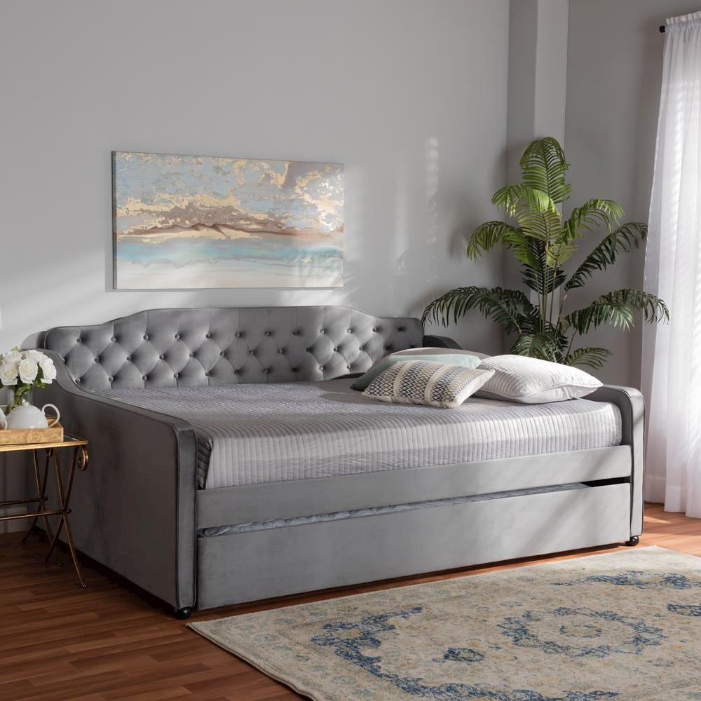 Grey Velvet Fabric Upholstered and Button Tufted Queen Size Daybed with Trundle