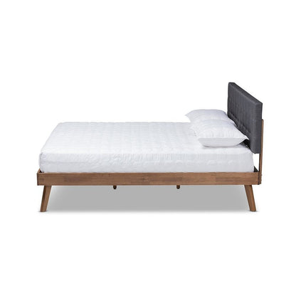 Dark Grey Fabric Upholstered Walnut Brown Finished Wood King Size Platform Bed