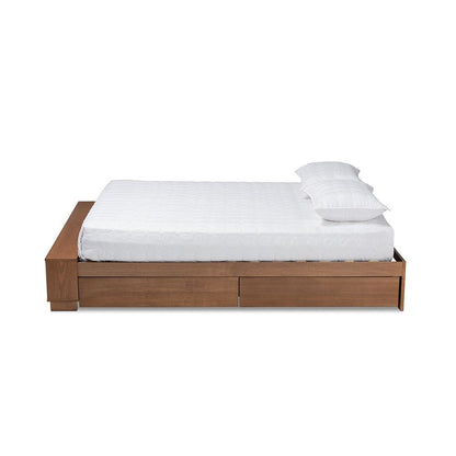 Walnut Brown Finished Wood King Size Platform Bed with Built-In Shelves