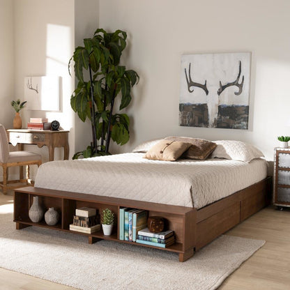 Walnut Brown Finished Wood Queen Size Platform Bed with Built-In Shelves