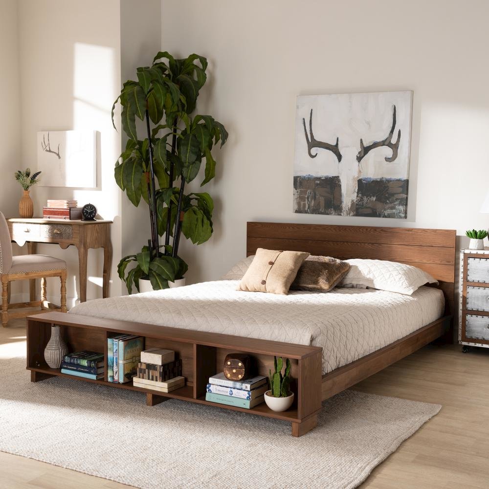 Walnut Brown Finished Wood Queen Size Platform Storage Bed with Built-In Shelves
