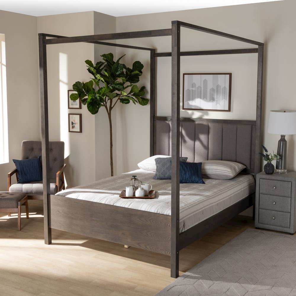 Dark Grey Oak Finished Wood King Size Platform Canopy Bed