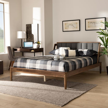 Dark Grey Fabric Upholstered and Walnut Finished Queen Size Platform Bed
