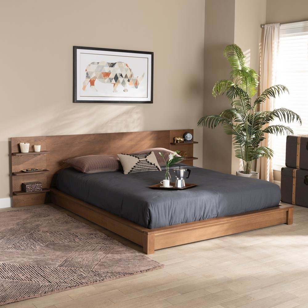 Walnut Brown Finished Wood King Size Platform Storage Bed with Shelves