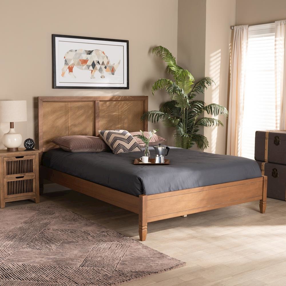 Walnut Brown Finished Wood and Synthetic Rattan Queen Size Platform Bed