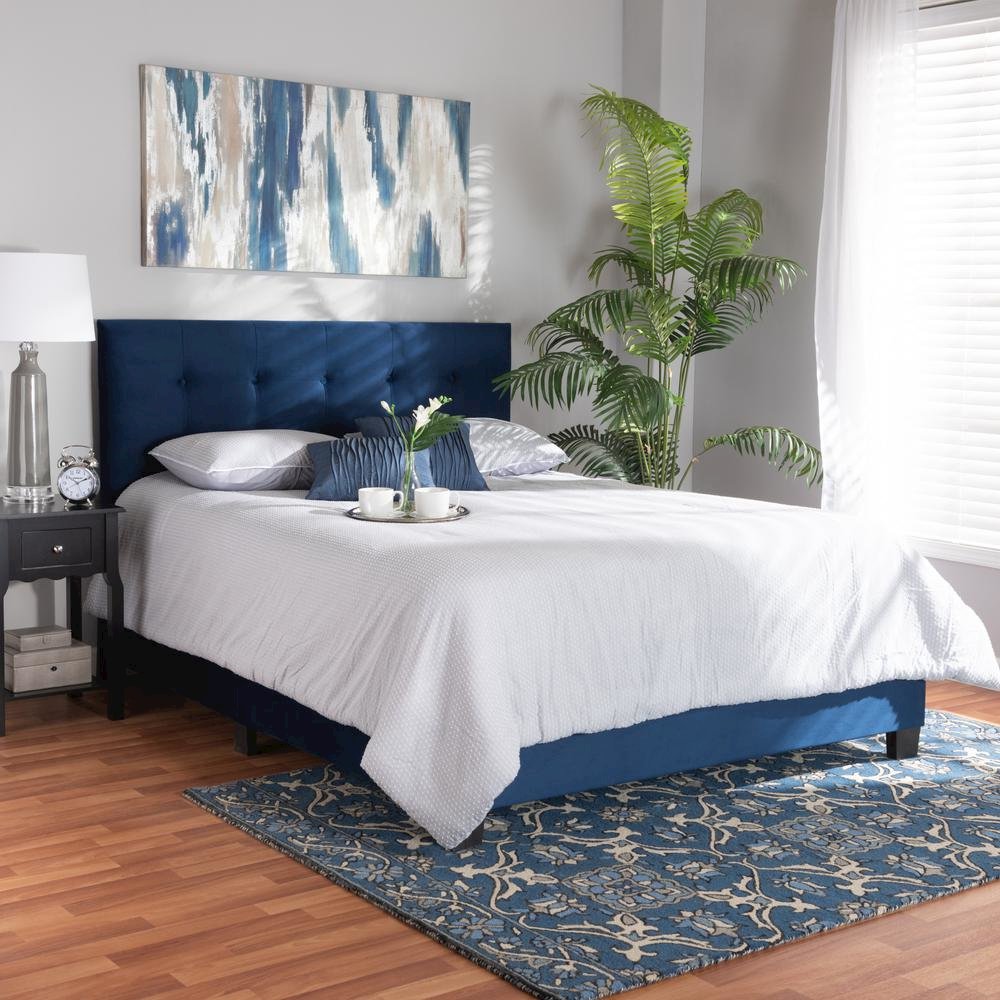 Glam Navy Blue Velvet Fabric Upholstered Queen Size Panel Bed