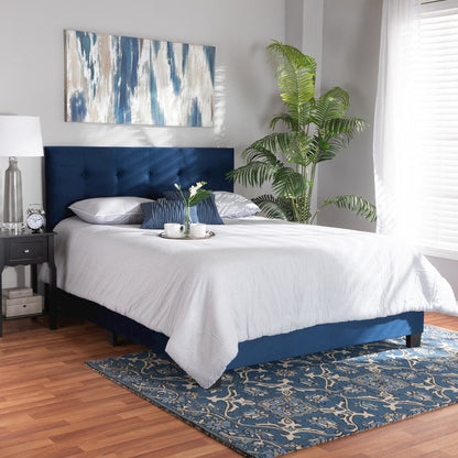Glam Navy Blue Velvet Fabric Upholstered Queen Size Panel Bed