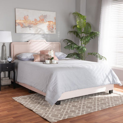 Glam Light Pink Velvet Fabric Upholstered Queen Size Panel Bed