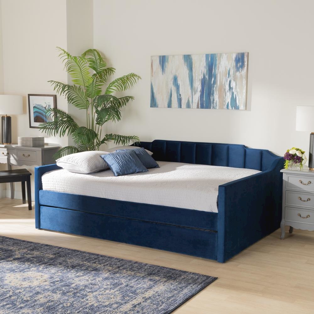 Navy Blue Velvet Fabric Upholstered Queen Size Daybed with Trundle