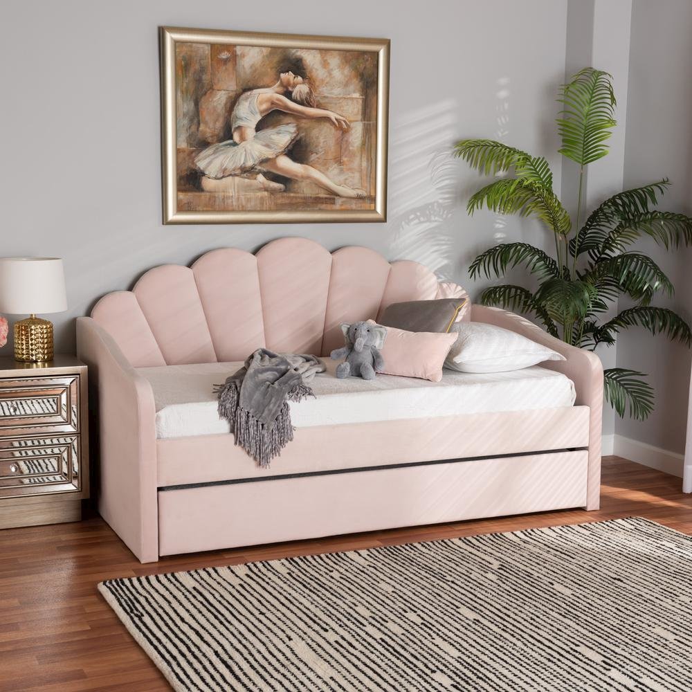 Light Pink Velvet Fabric Upholstered Twin Size Daybed with Trundle