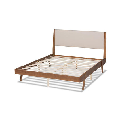 Beige Fabric Upholstered and Walnut Brown Finished Wood King Size Platform Bed