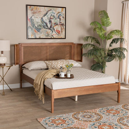 Walnut Brown Finished Wood and Natural Rattan Queen Size Platform Bed